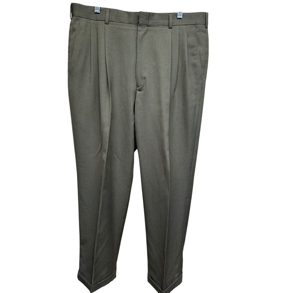 City Streets Men Pleated Dress Pants Olive Brown Worsted Wool Blend 36x30 Cuffed